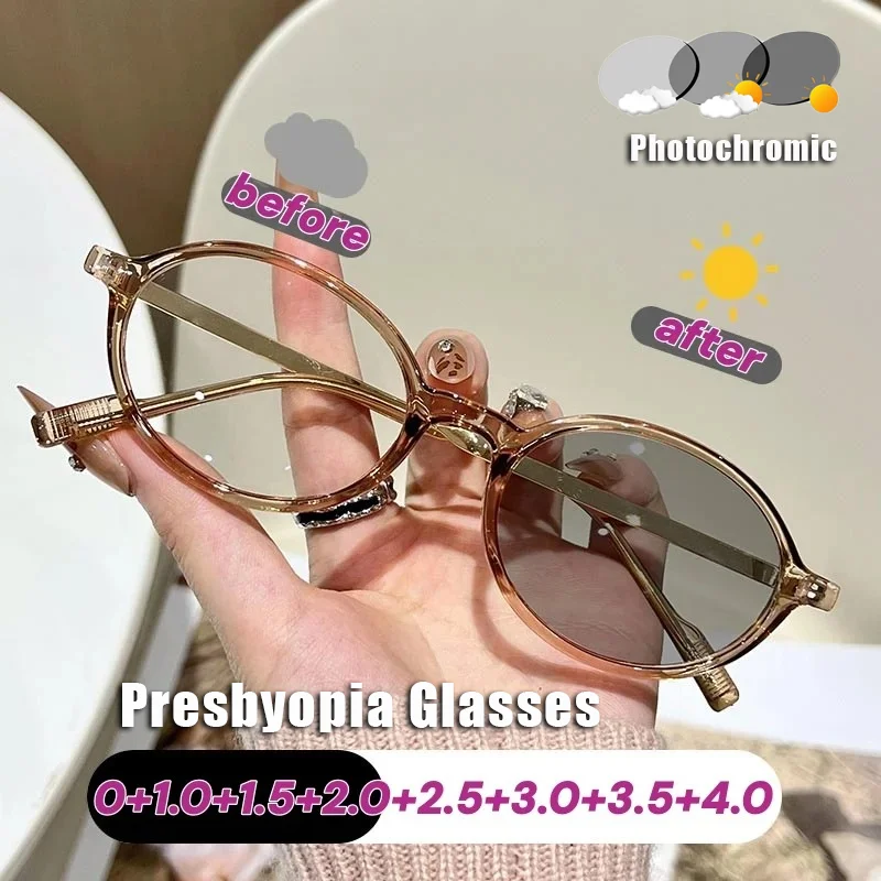 

Photochromic Blue Light Blocking Reading Glasses Retro Small Oval Turn Grey Presbyopia Glasses Outdoor UV-Protective Eyewear