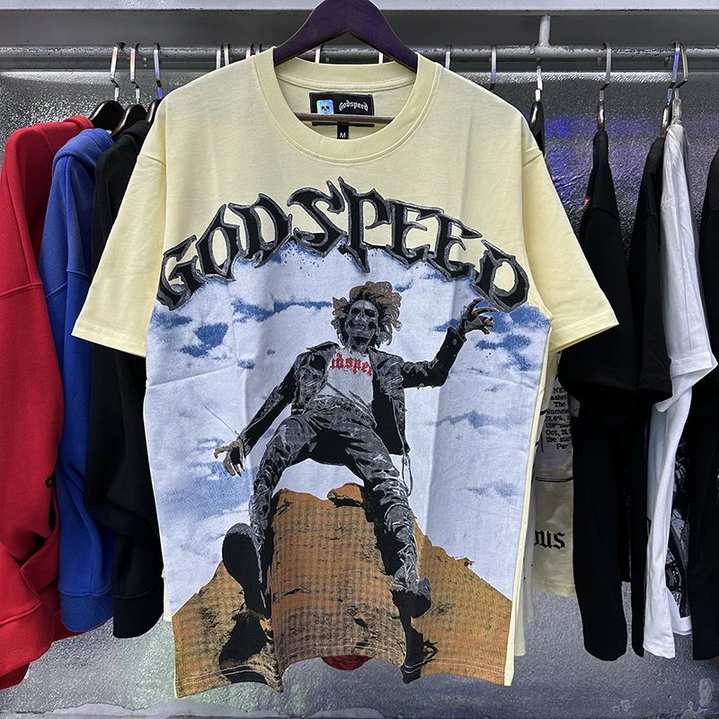 

High Street Trend Brand GOD SPEED T-shirt Men Women Summer Pop Skull Print Godspeed Short Sleeve Retro Hip Hop Style Tops