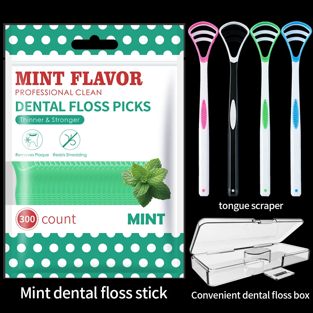 

Daily & Travel Oral Care Kit: 300 Mint Floss Picks + 2 Tongue Scrapers + Portable Case
