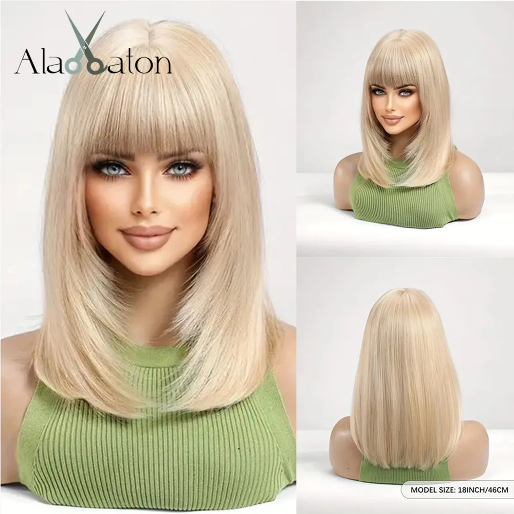 

ALAN EATON Светлые синтетические парики с челкой Прямой парик средней длины для женщин Натуральные многослойные волосы Повседневная одежда Термостойкие