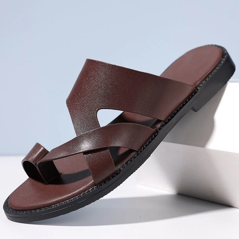 Trendy Men's Cross Strap Sandals Smooth Anti-Slip Wear-Resistant Summer Outdoor Business Casual Slip-On Slippers-HX25333
