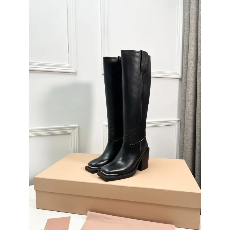 2024 Casual Genuine Leather Thick-heeled Than Knee Retro High-heeled Boots Top Layer Cowhide Knight Boots Women Shoes Black