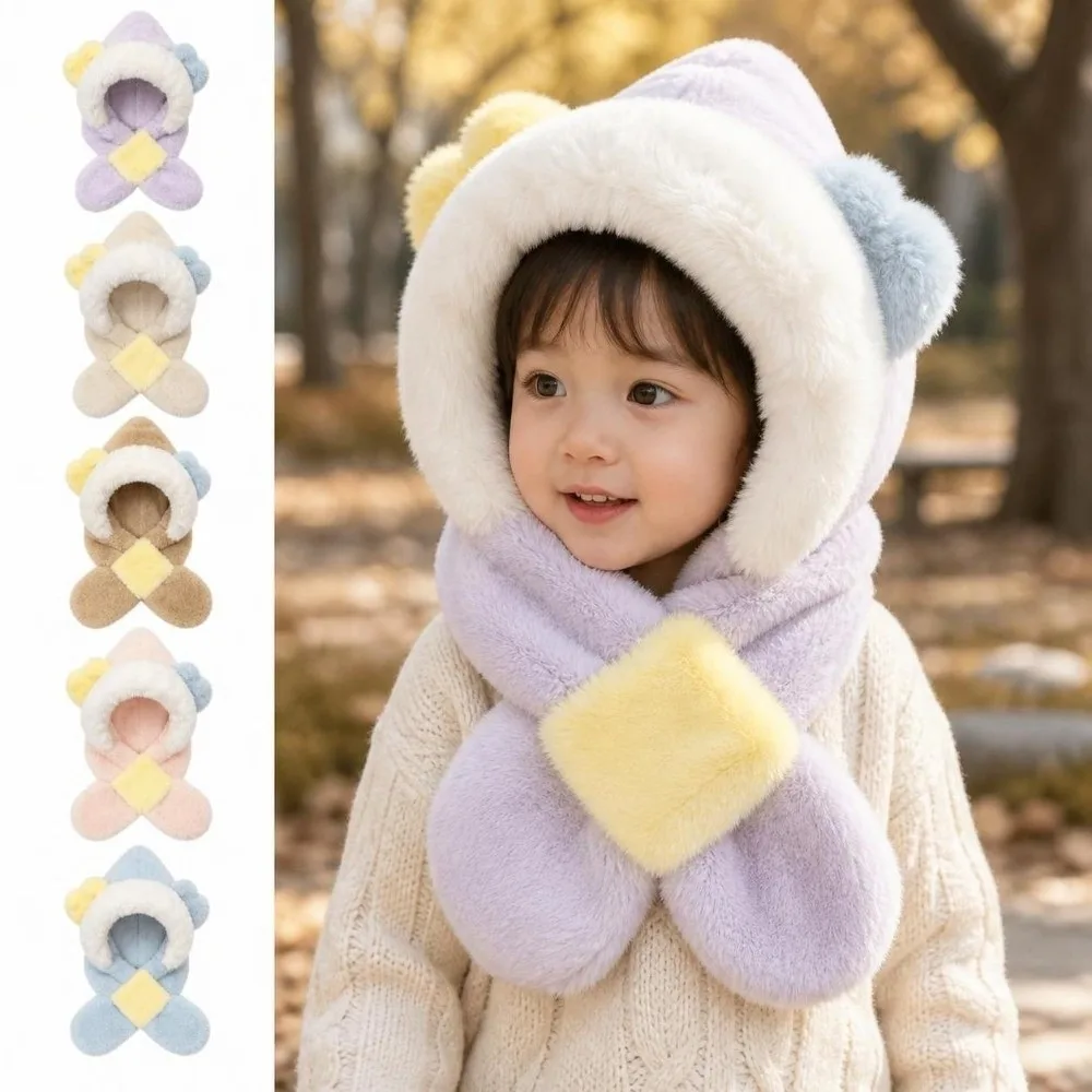 2-in-1 Hat Scarf Set Thick Fluffy Windproof Warm Integrated Hat and Scarf Cartoon Ear Hooded Scarf for Kids For Boys Girls