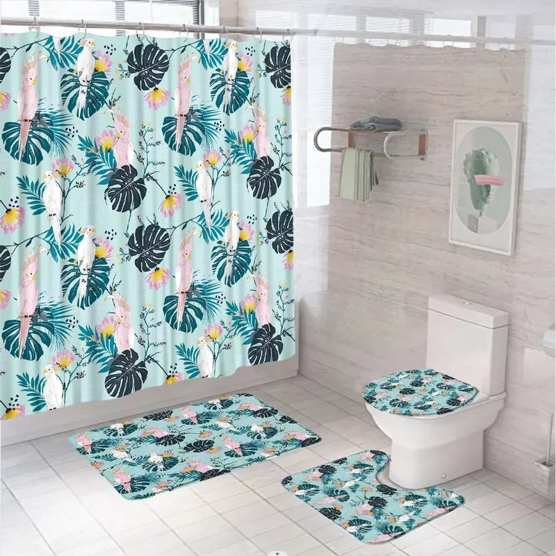 Tropical Bird Parrot Bathroom Curtain Set Green Leaves Flower Summer Plant Shower Curtains With Bath Mat Carpet Toilet Lid Cover