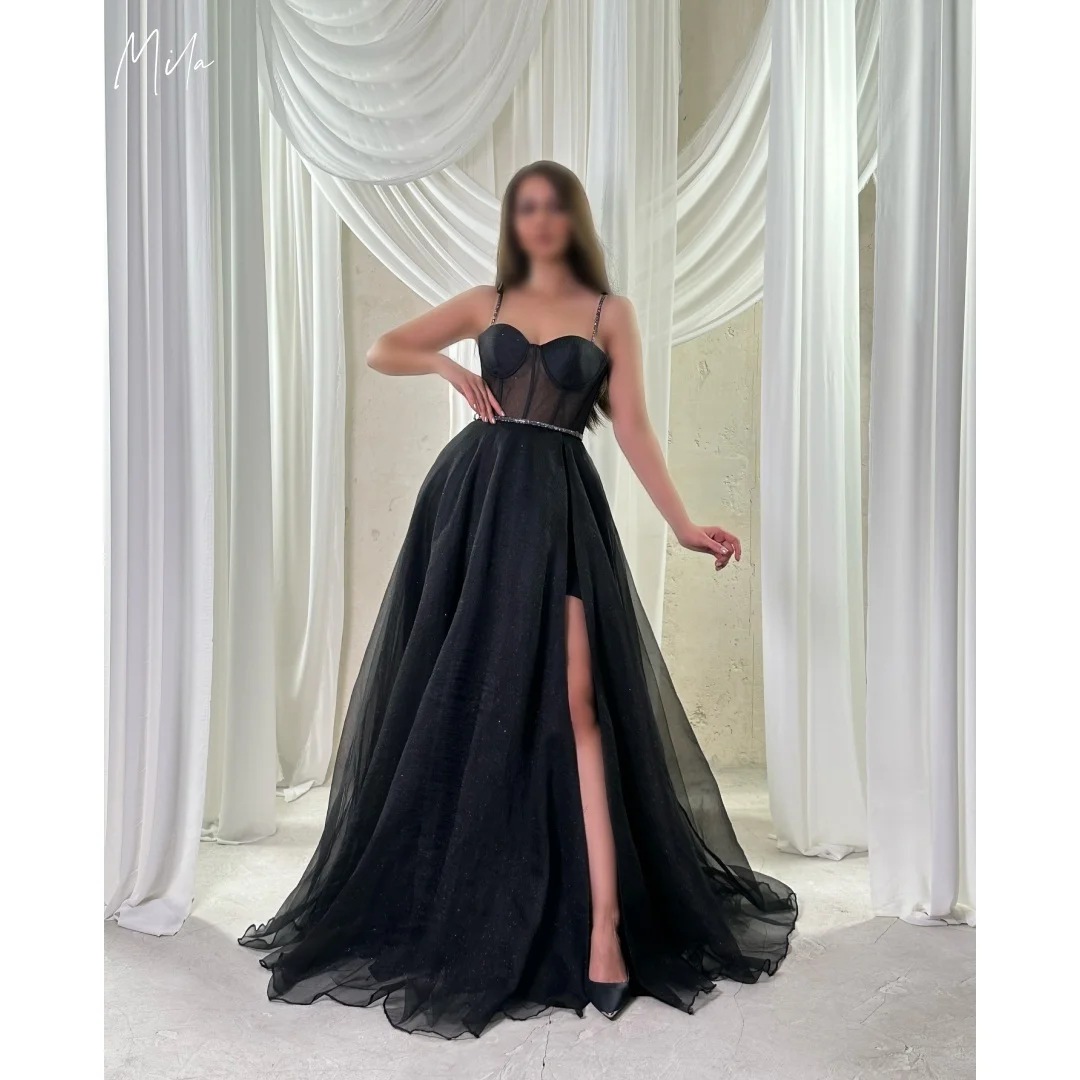 

Mila Black Spaghetti Strap Gown Prom Dresses Mesh Bustier Rhinestone Belt Glitter Tulle High Slit Customized Formal Evening 2025