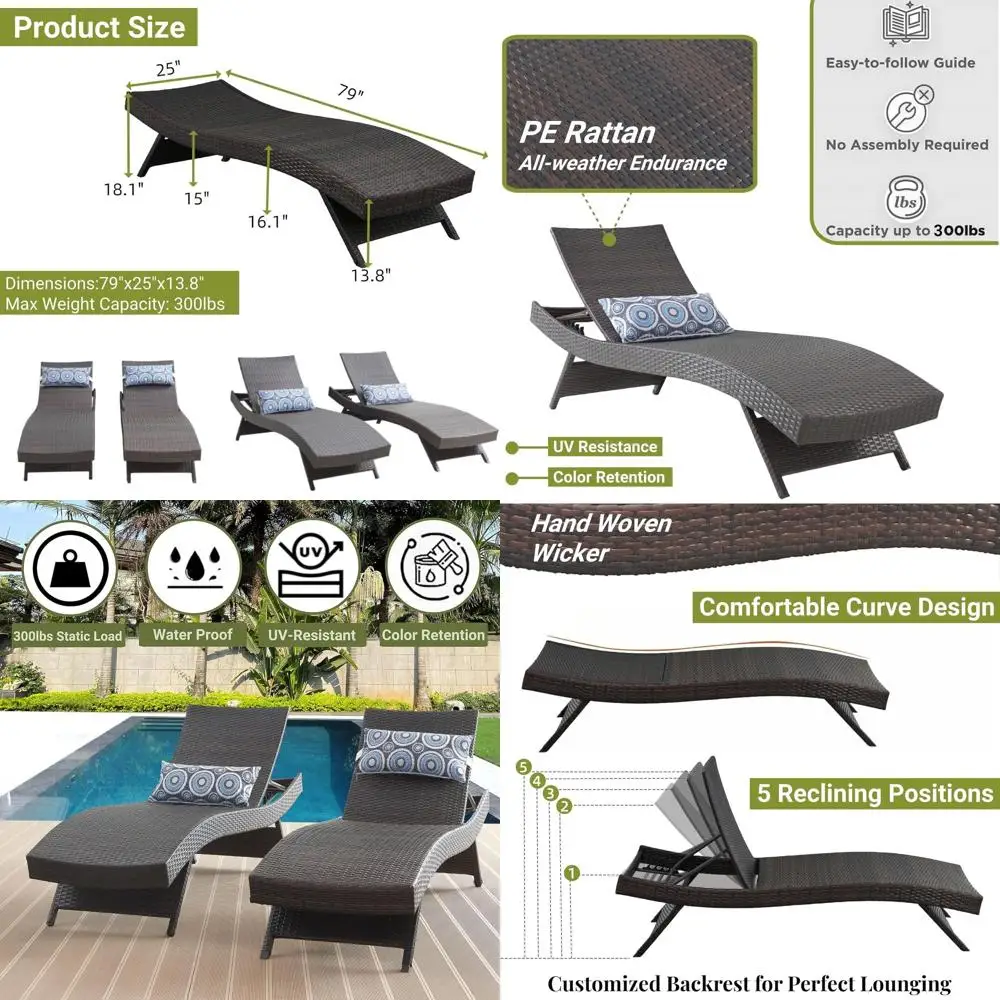 

Brown Outdoor Wicker Reclining Chaise Longue Chair Set o 2, 79" Long, Adjustable Backrest, oldable, No Assembly Re