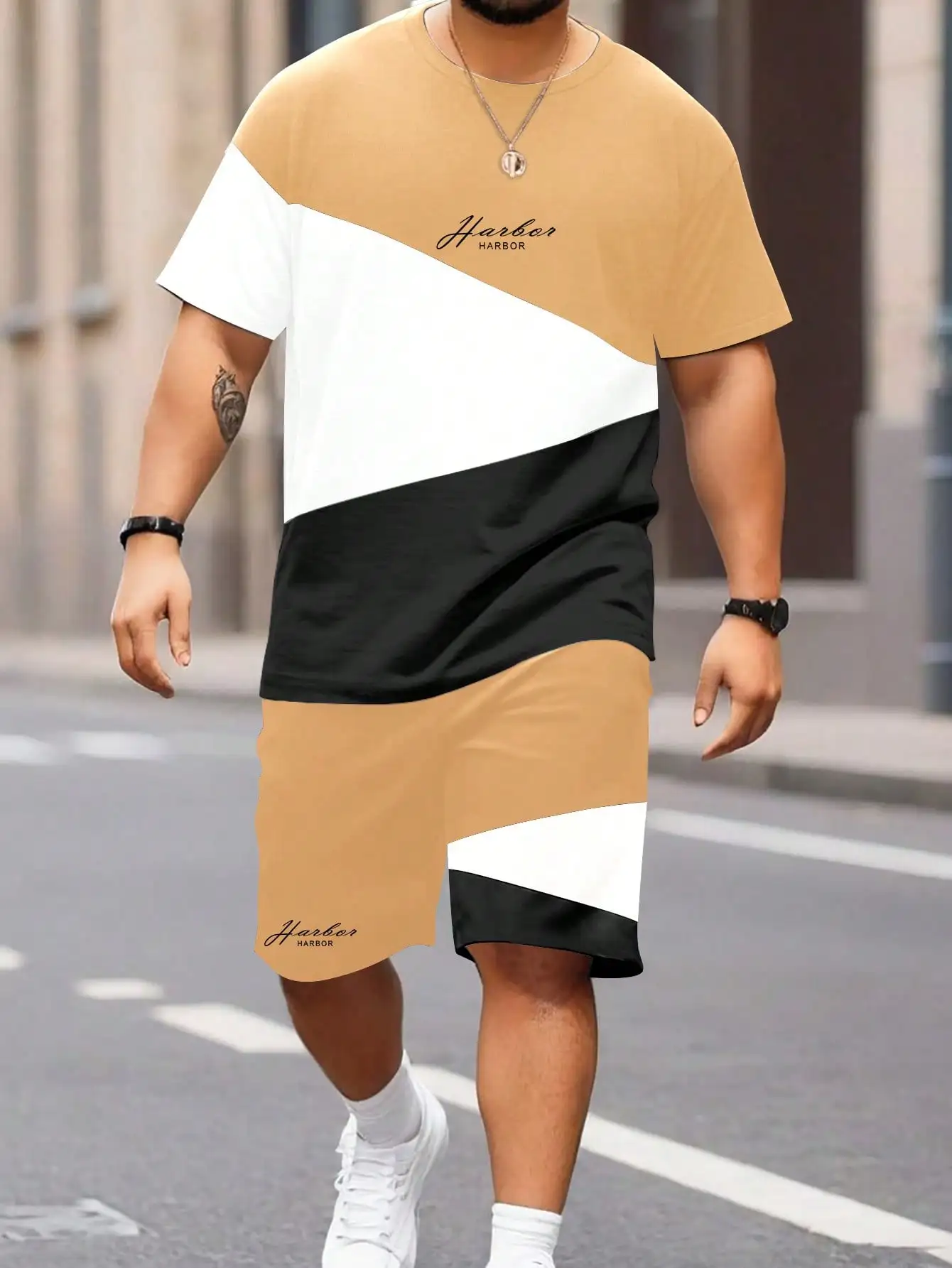 Carta impressão masculina em volta do pescoço camiseta de manga curta e cordão cintura shorts conjunto, shorts de verão casual, plus size