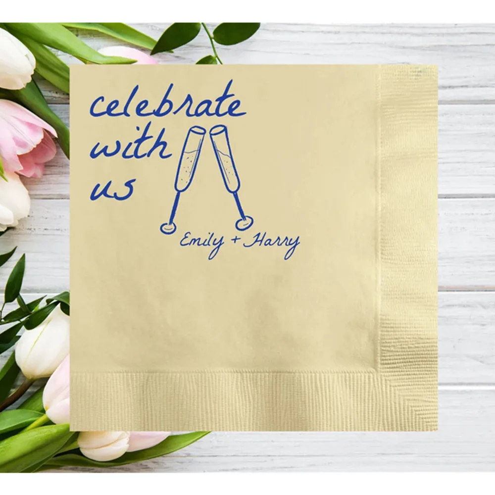 

50PCS Celebrate with Us Champagne Glasses Personalized Wedding Napkins, Custom Hand Drawn Cocktail Napkins, Engagement Party, Re