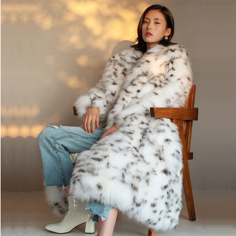 Mantel bulu wanita, mantel Windbreaker kulit hangat musim dingin ukuran besar, setelan Panjang motif macan tutul titik hitam, mantel bulu rubah imitasi