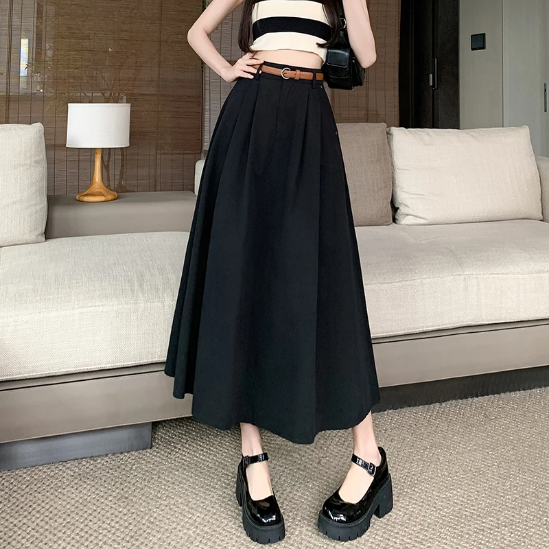 2024 New Spring Summer High Waist A-line Umbrella Skirts Womens Fashion Pleated Skirt Ladies Casual Long Skirts With Belt