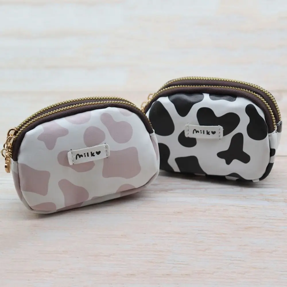 Cute Cow Pattern Coin Purse for Women Card Wallet Students Double Pocket Zipper Key Bag Portable Lipstick Bank Card Storage Bag