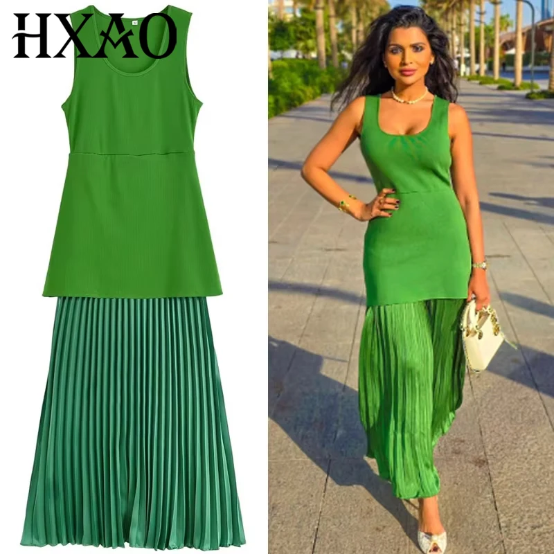 HXAO 그린 플리츠 드레스 여성용 드레스 여름 2025 우아한 니트 패치워크 롱 드레스 민소매 베스티도스 하이 스트리트 드레스