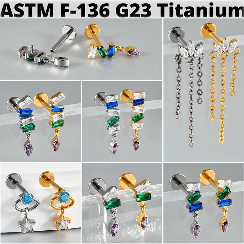 G23 Titanium Ear Stud Rainbow Colored CZ Pendant Chain Internal Thread Dangle Lip Stud Cartilage Tragus Labret Piercing Jewelry