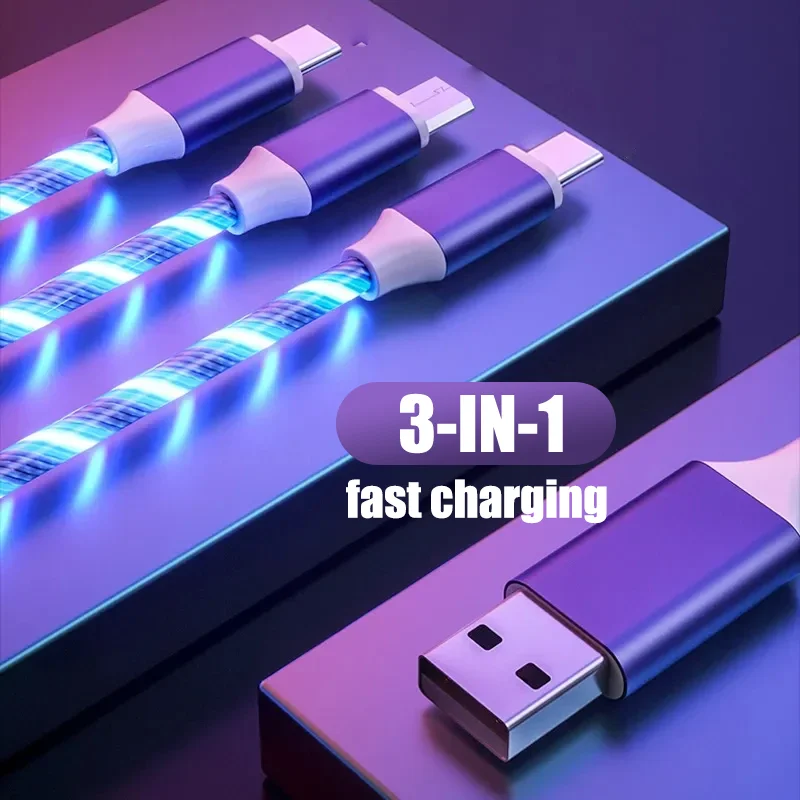 3 IN 1 Glowing Cable Mobile Phone Charging Cables LED Lightning ios Micro Type C Charger For iPhone Huawei Charge Wire Cord