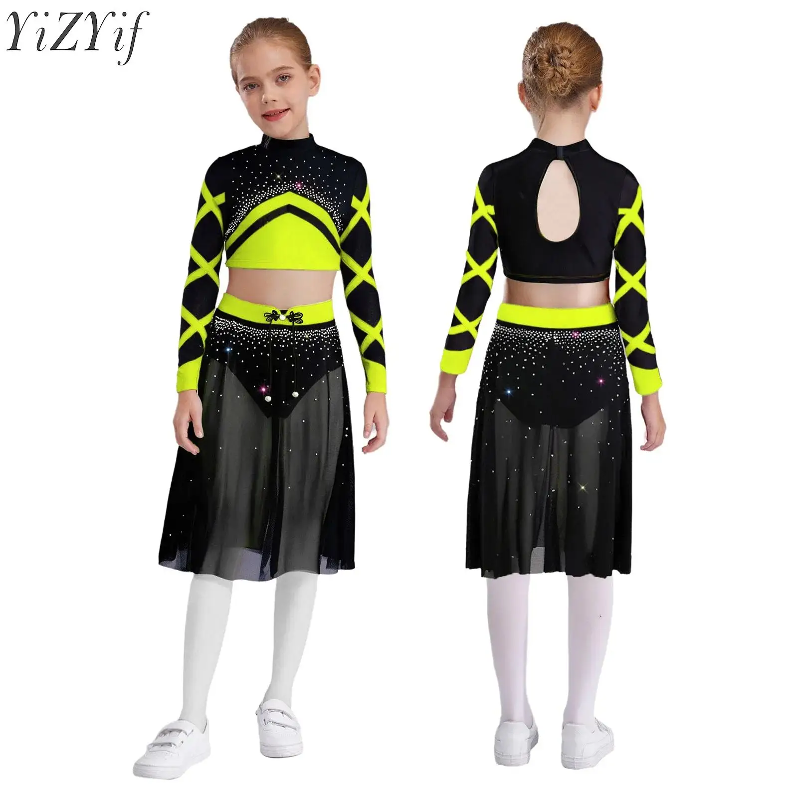 

Kids Girls Ballet Dance Sets Modern Contemporary Dancewear Long Sleeve Rhinestone Crop Top with Flowy Mesh Skirt Stage Costume