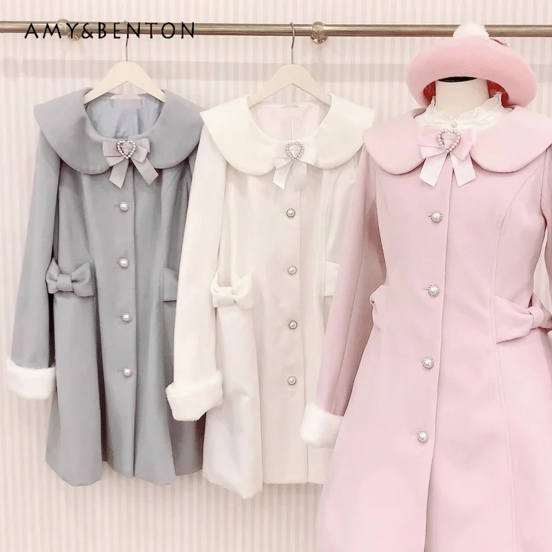 Pearl Love Bow Plush Lapel Wool Coat Women Autumn Winter Japanese Sweet Cute Single-breasted Slim Mid-length Lolita Woolen Coats