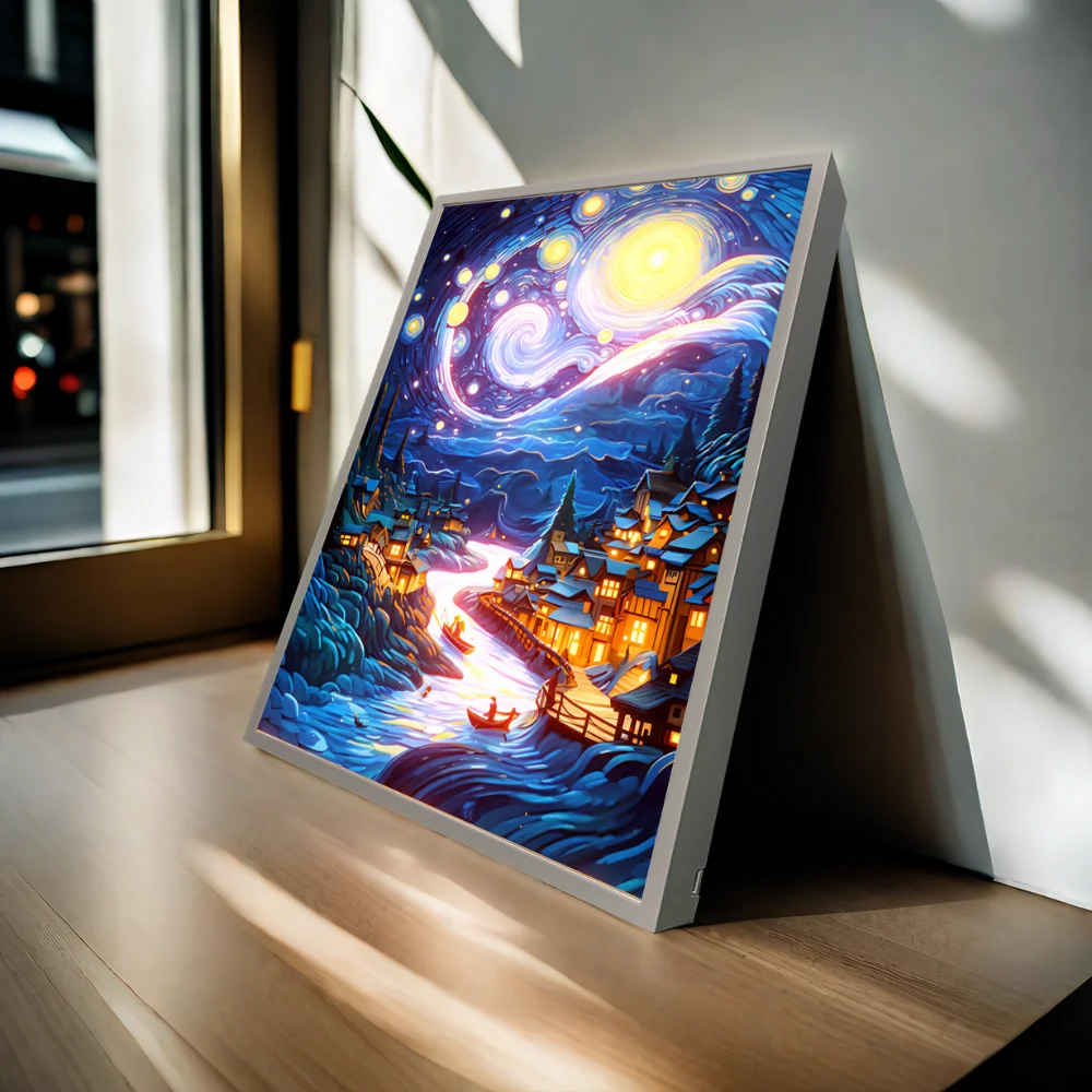 Pintura de luz LED de Arte de Van Gogh para decoración del hogar, marco de fotos de decoración Simple y moderna, lámpara de humor nocturna recargable única, regalo