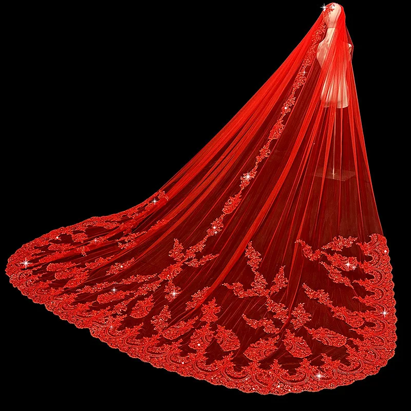 

Saudi Arabia Red Wedding Veil 3.5*3m Long Bridal Veils Applique with Shining Sequins L&P DQL Studio