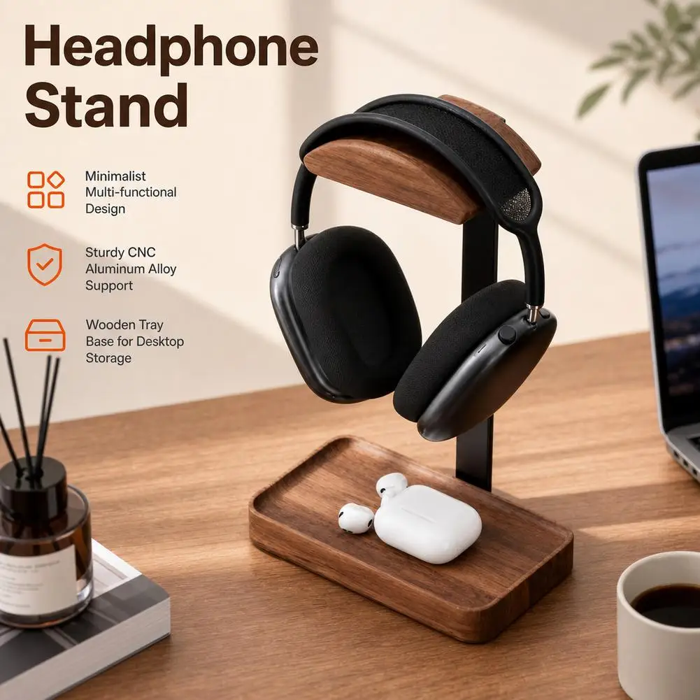 Walnut Headphone Stand Stores Desktop Items Desktop Storage Stand Non-Slip Base Suitable for Most Headphone Models view 2