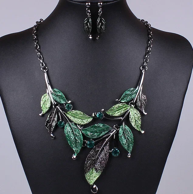 

Green Purple Black Leaf Necklace Earring Sets Enamel Cocktail Statement Crystal Jewelry Set Fashion Green Leaves Nickel Free