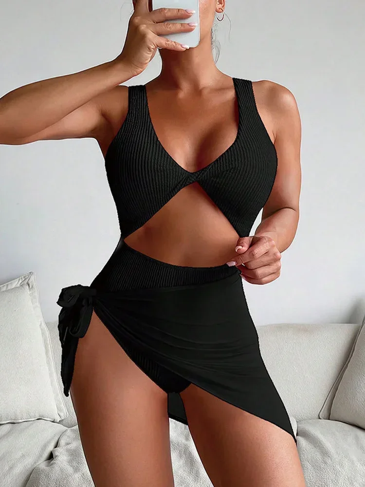 Bikinis ahuecados sexys, conjunto de 2 piezas, traje de baño para mujer, falda para la playa sin espalda de cintura alta, nuevo traje de baño de verano 2025, traje de baño de una pieza