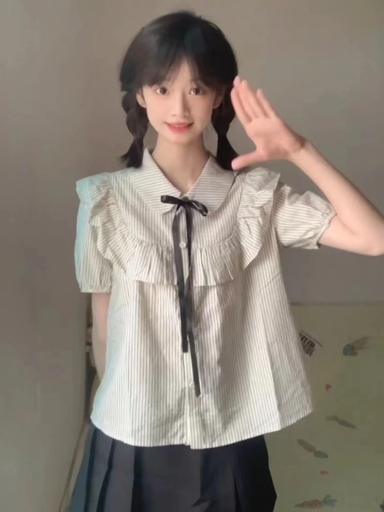 Camicie Donna Stile Preppy Chic Estate Dolce a righe Trendy High Street Mujer Blusas Casual Manica corta Semplice Carino Tutto-fiammifero