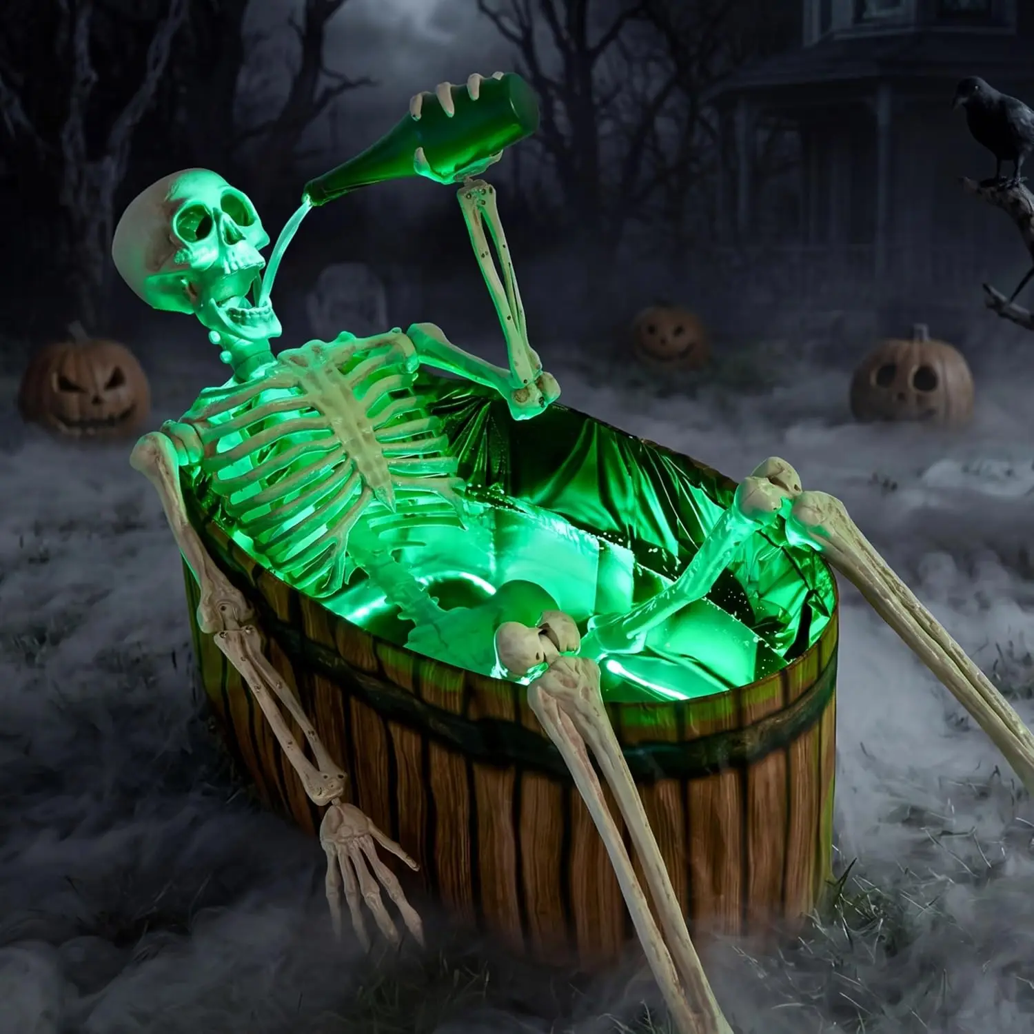 Halloween Outdoor Decoration, 5ft Life-Size Animatronic Drinking Skeleton Haunted Prop with Endless Liquid Pouring Effect, Green LED Lights and Spooky Sounds for Garden Yard Lawn