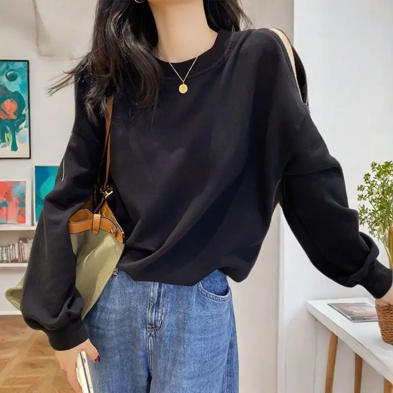 سويت شيرت رمادي بدون أكتاف للنساء للربيع والخريف بتصميم سحاب رفيع وفضفاض ورقبة دائرية #3