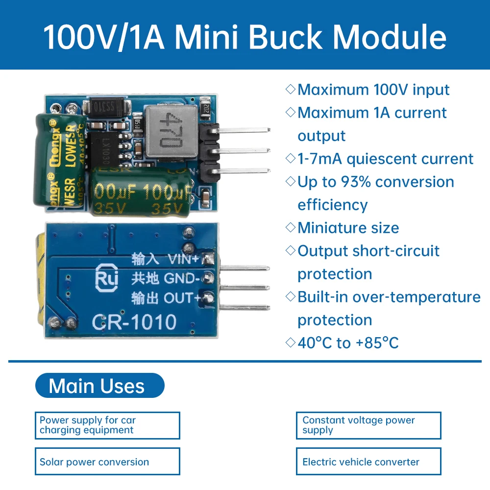 DC 10-100V Step-Down Power Supply Module 24V/36V/48V/60V/72V to 3.3V-5V 1A High Voltage Resistant Electronic Reduction Module