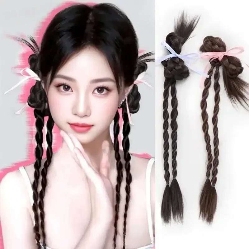 1PCS 42cm synthetic Ballet Style Pink Butterfly Ribbon Fried Dough Twists Braid Horsetail Wig for Women Fashion Hair Accessories