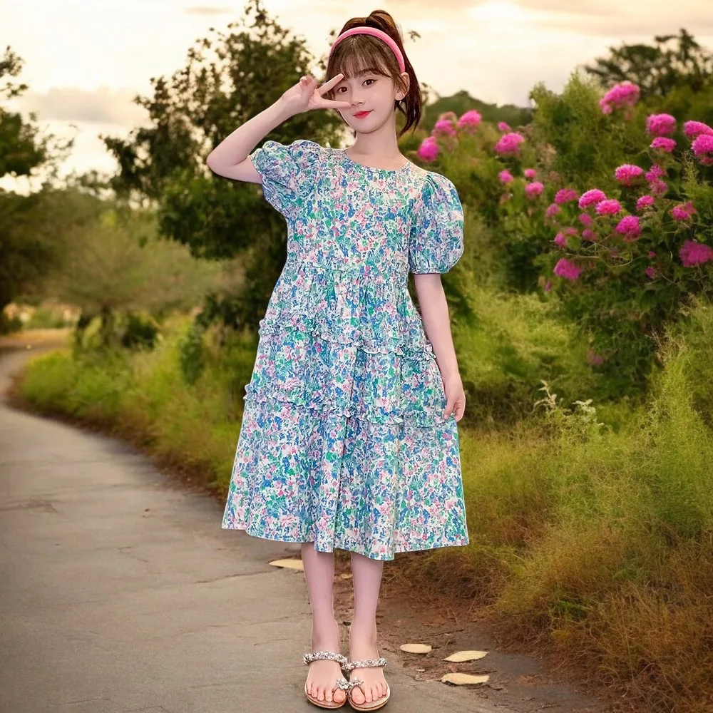 Summer Teens Girls School Outfits Kids Lace Dresses for Baby Flower Dress Short Sleeve Children Party Costumes 6 7 8 10 12 Years