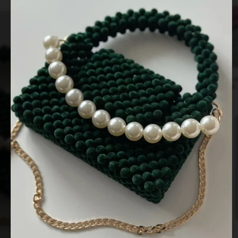 New Green Plush Bead Women's Small Square Bags Fashion Ins Pearl Pendant Chain Crossbody Bag Bead Making Handbag Customization