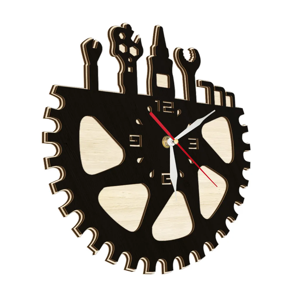 Garage Tools Gear Laser Cut Dual Layers Wood Wall Clock For Work Shop Car Repair Service Decor Mechanic Sign Rustic Wall Watch