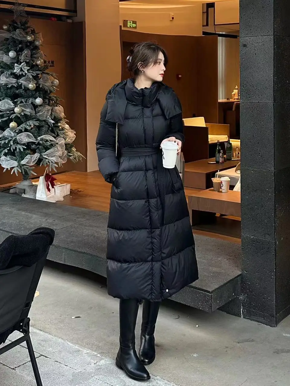 

LZY Zhin Autumn Winter Long Hooded Padded Jaet Women's Coat Slimming Waist Design Faionable Belted Sli Outerwear