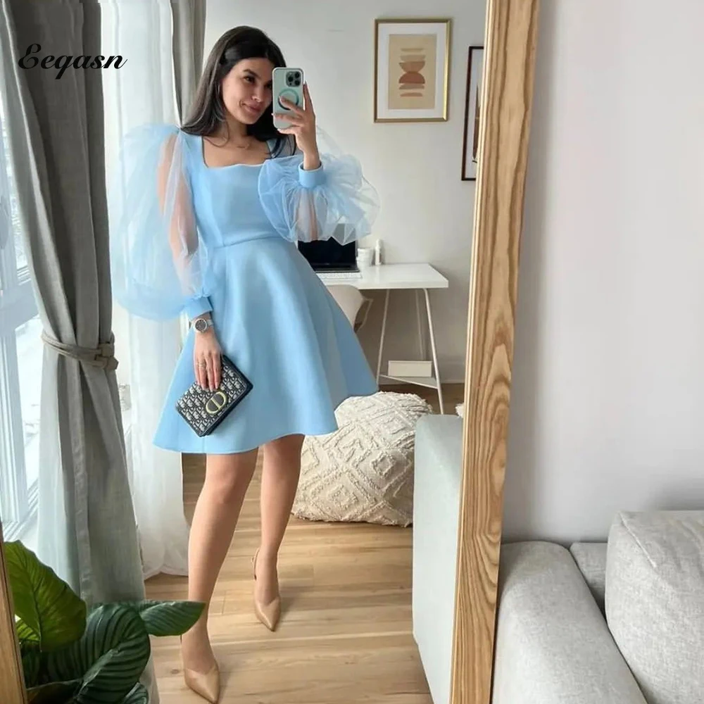 

Trendy Short Cocktail Dresses for Women Wedding Elegant Light Blue Long Sleeve A Line Satin Semi Formal Dress Homecoming