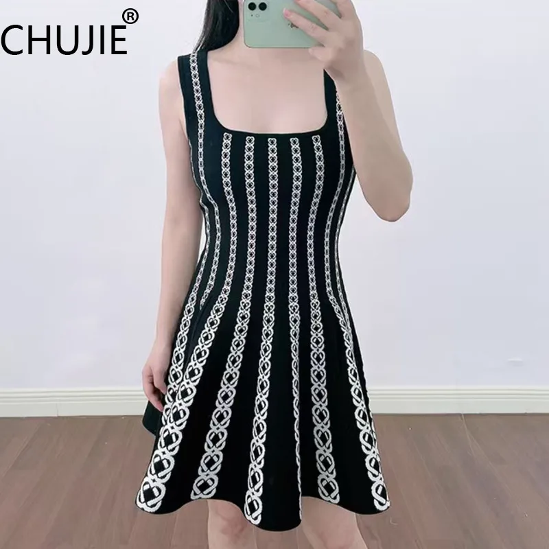 

CHUJIE 2025 Summer French Style Knit Dress - Jacquard Stripe Sleeveless A-Line Dress, Slim Fit, Viscose Nylon Blend