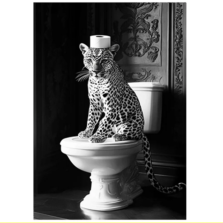 Leopard On Toilet 5D DIY Diamond Painting Kits For Adults, Full Drill Dot Painting Gem Art Kits For Funny Cheetah Bathroom Decor