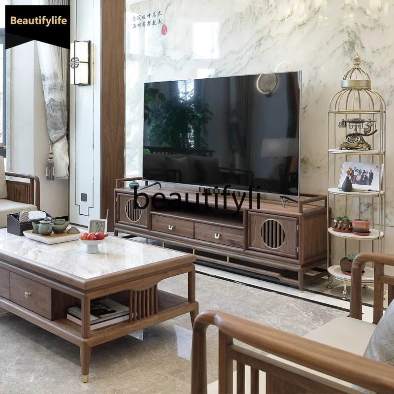 New Chinese sofa coffee table TV cabinet combination black walnut solid wood TV cabinet modern D80