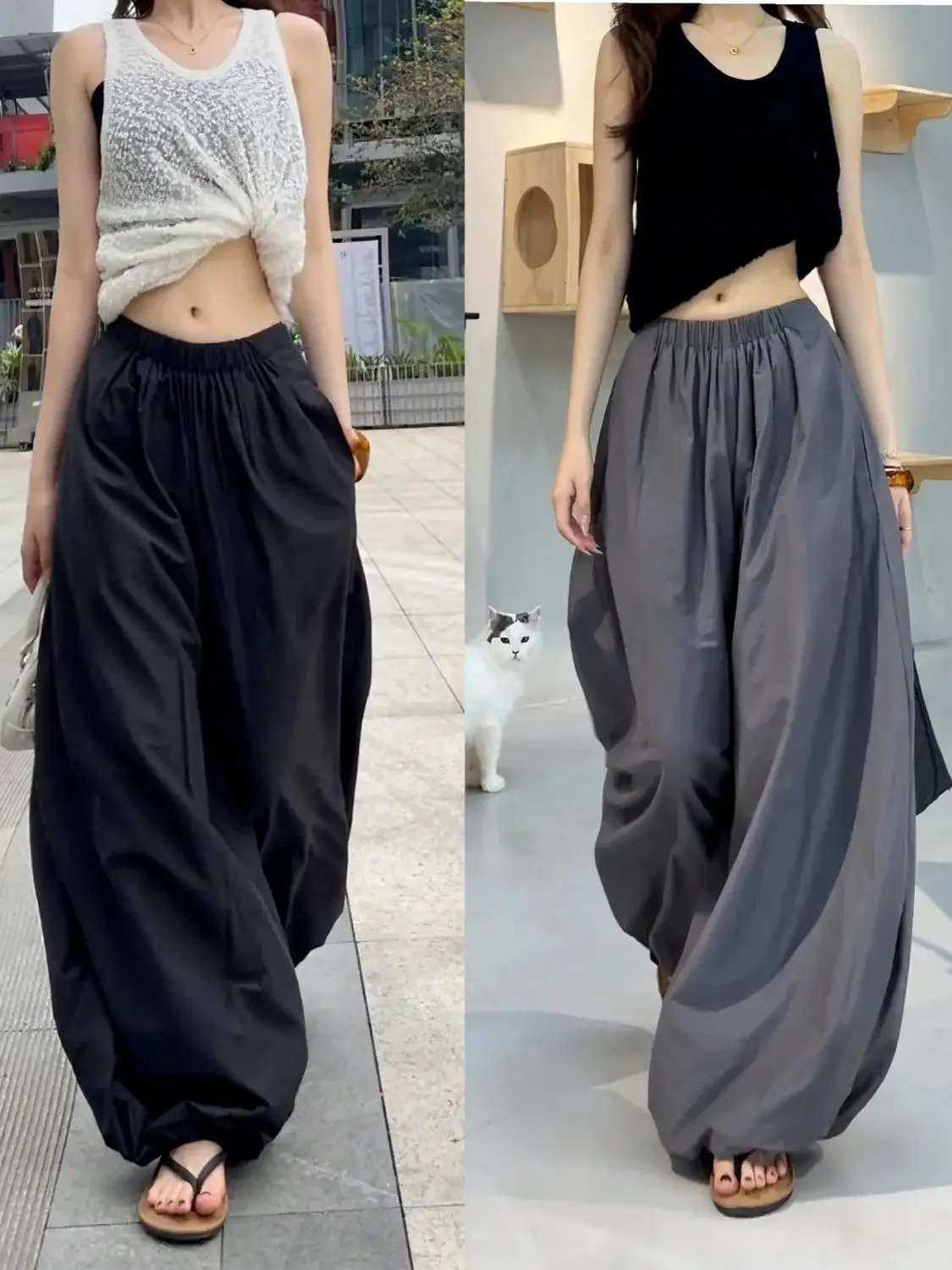Retro Hong Kong Style High Waist Lantern Cuffed Pants Spring Summer Wide Leg Fashion Casual Versatile Wide Leg Pants Skirt