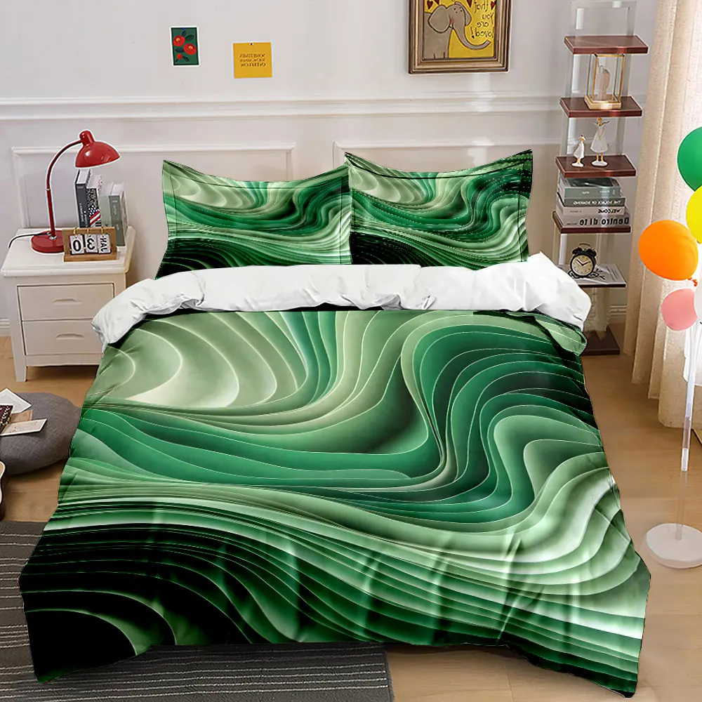 Flowing Layers of Green Patterns Bedding Set for Kids Luxury Gift 3pcs Digital Print Comforter Set Soft Comfortable Breathable