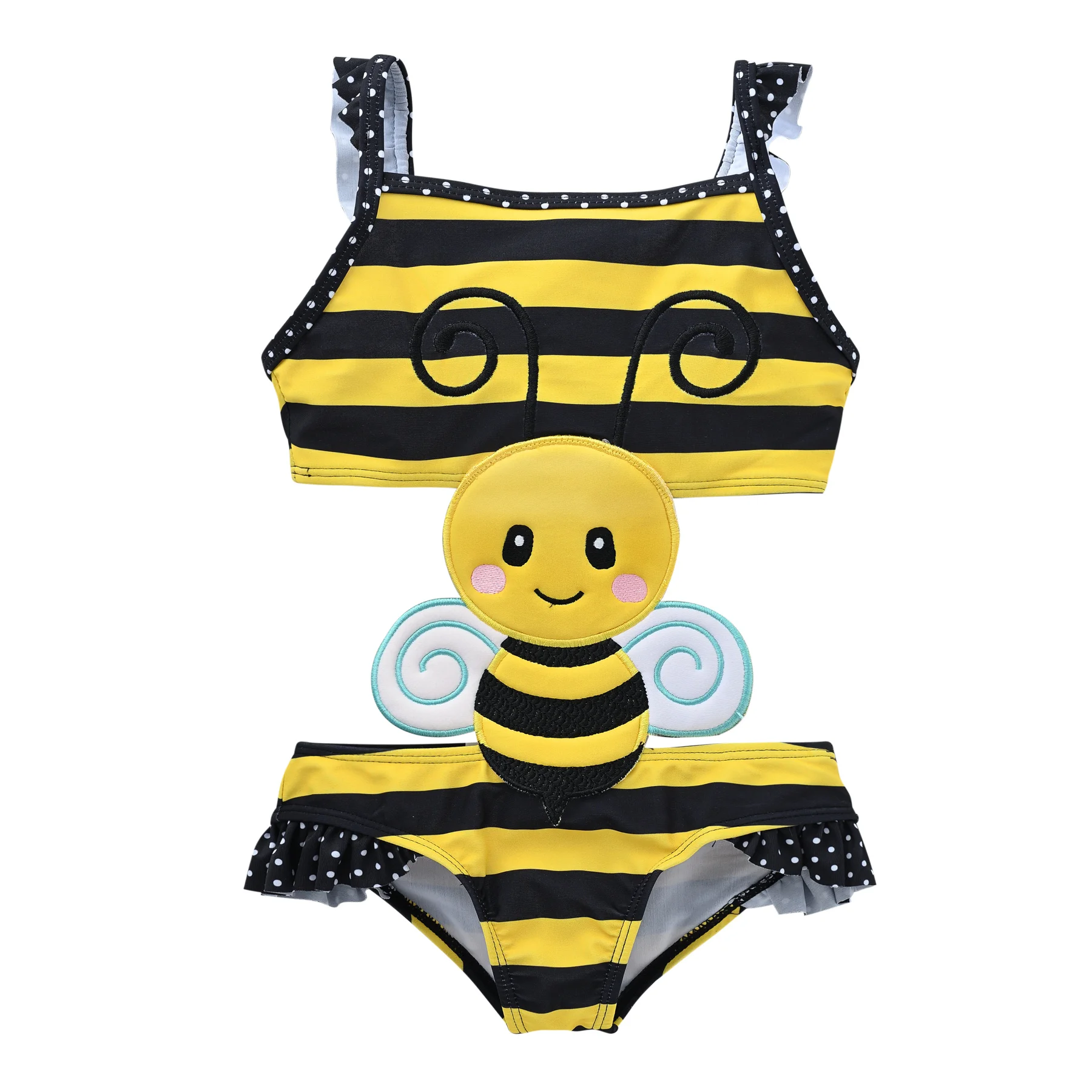 Kavkas Swimming For Baby Girls Summer Cartoon Bee Embroidery One Piece Swimsuit Bathing Cap Suit костюм для девочки