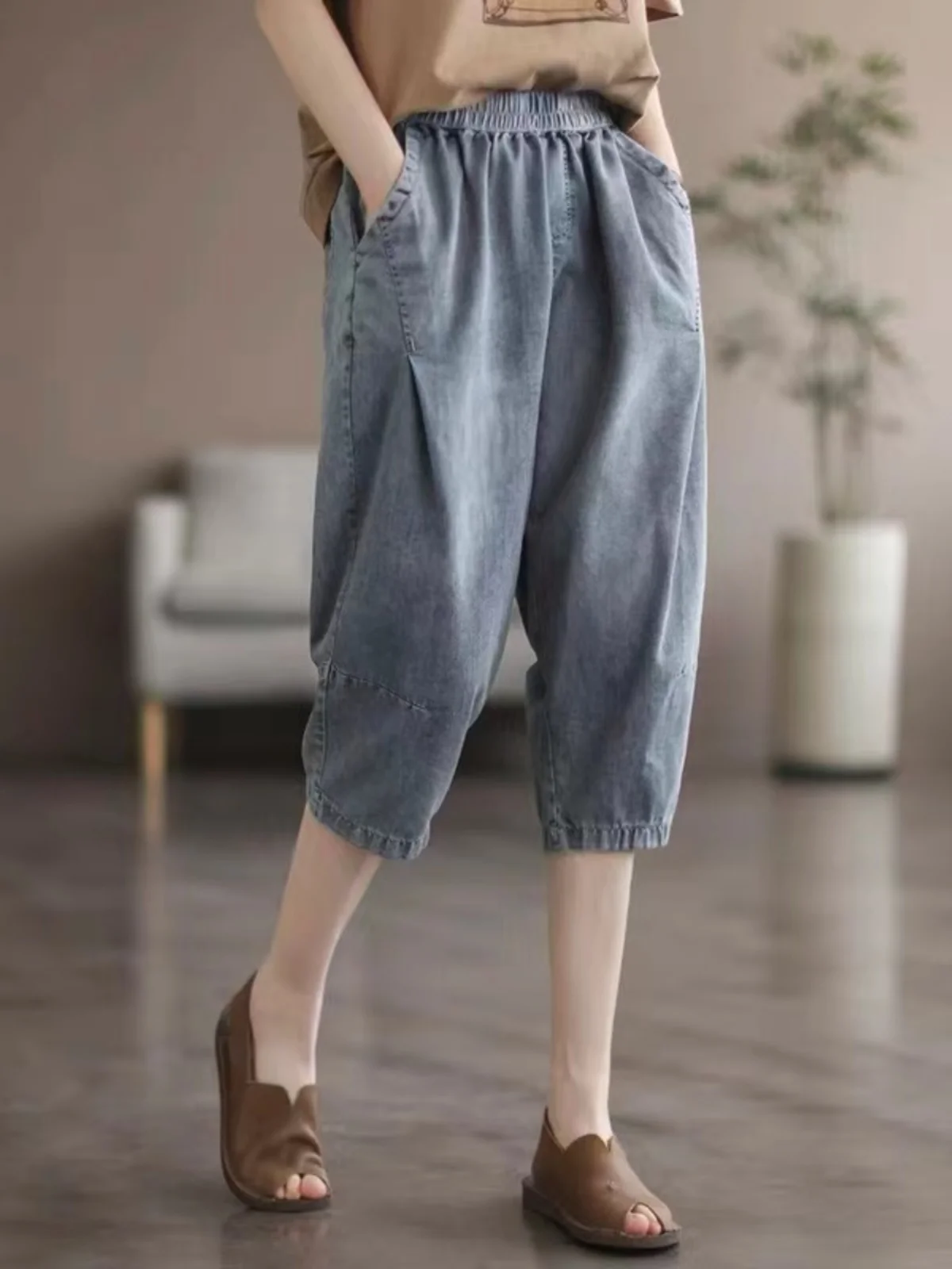 

Women's Artistic Retro Denim Seven-Foot Pants Summer Loose Versatile Pure Cotton Waed Harlan Pants High Waist Thin Model