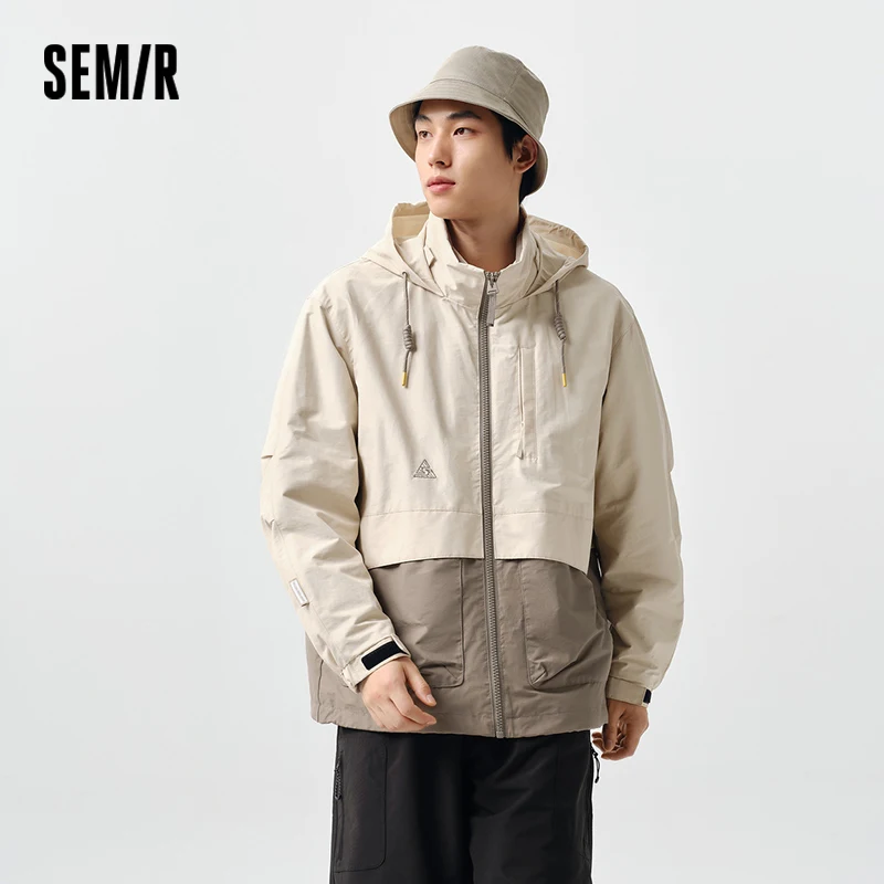 Semir Jacket Men Waterproof, Oil-Resistant and Stain-Resistant Coat Loose Hooded Spring Trendy Contrasting Color Patchwork Top