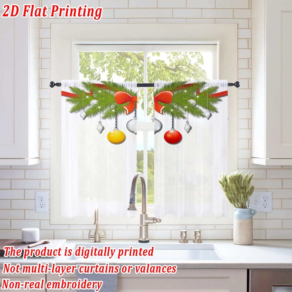 Christmas Flat Printing Kitchen Sheer Curtain with Merry Christmas Ball Pine Branch Bow For Christmas Home Decor  Party