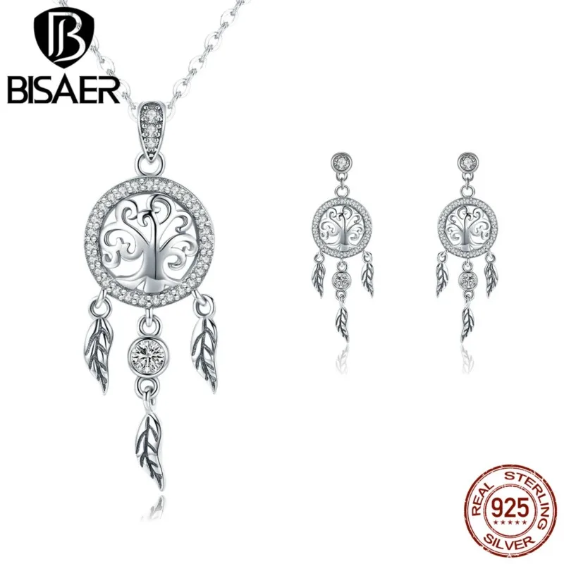 BISAER Vintage 925 Sterling Silver Jewelry Set Dream Catcher Necklaces & Earrings Jewelry Sets Fine Sterling Silver Jewelry