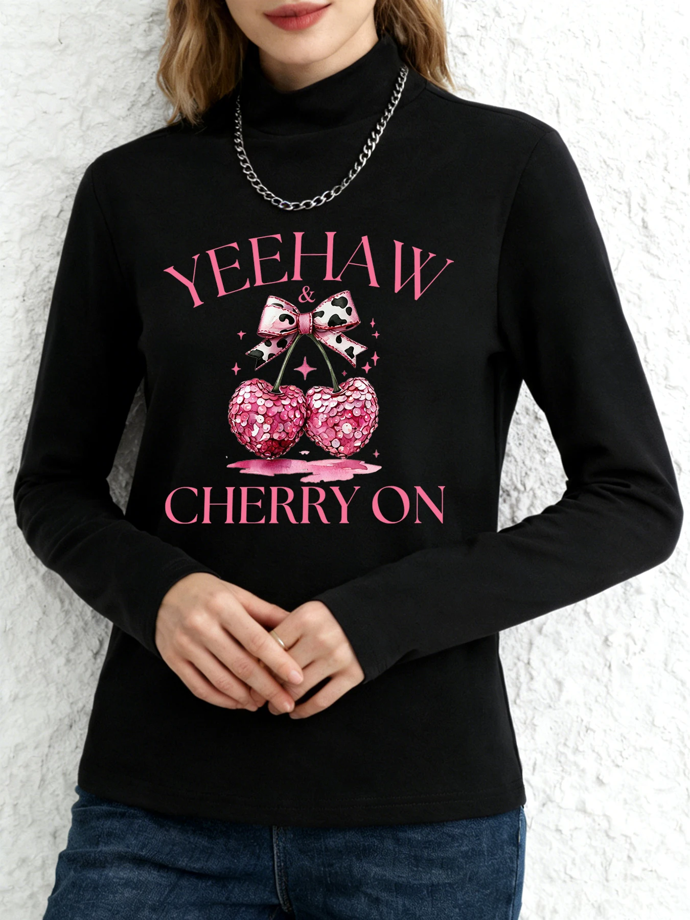 

Женская блузка с воротником-стойкой и длинными рукавами YEEHAW CHERRY ON, пуловер с пайетками и принтом вишни, повседневная мягкая одежда в стиле K-Fashion, уличная блузка