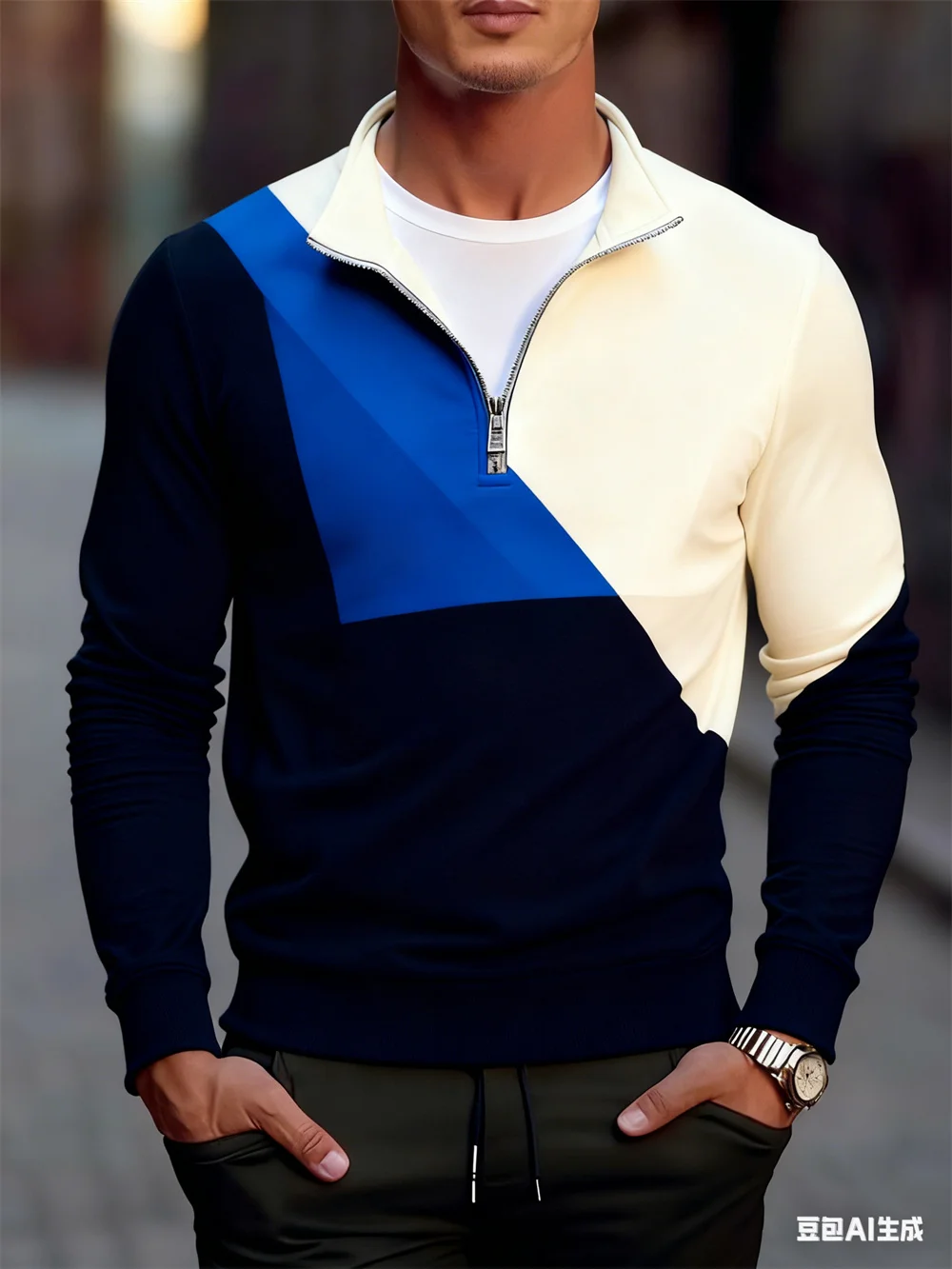 موضة كتلة الألوان الجرافيك سستة بلوزات الرجال فضفاضة عادية نصف البريدي طوق البلوفرات الخريف الشتاء ملابس الشارع في الهواء الطلق