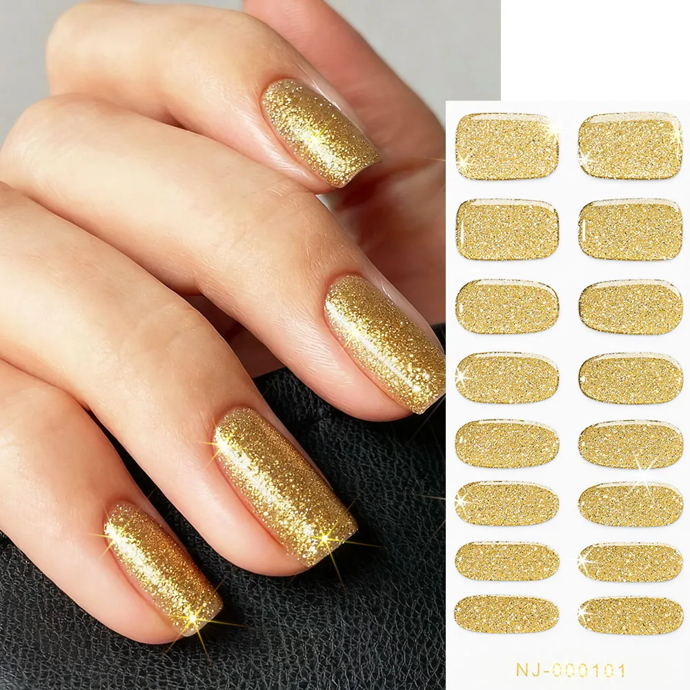 16tips Gold Semi-Cured Gel Nail Wraps Stickers Full Cover Simple Gold Glitter UV/LED Extension Nail Sticker Long-Lasting Sliders