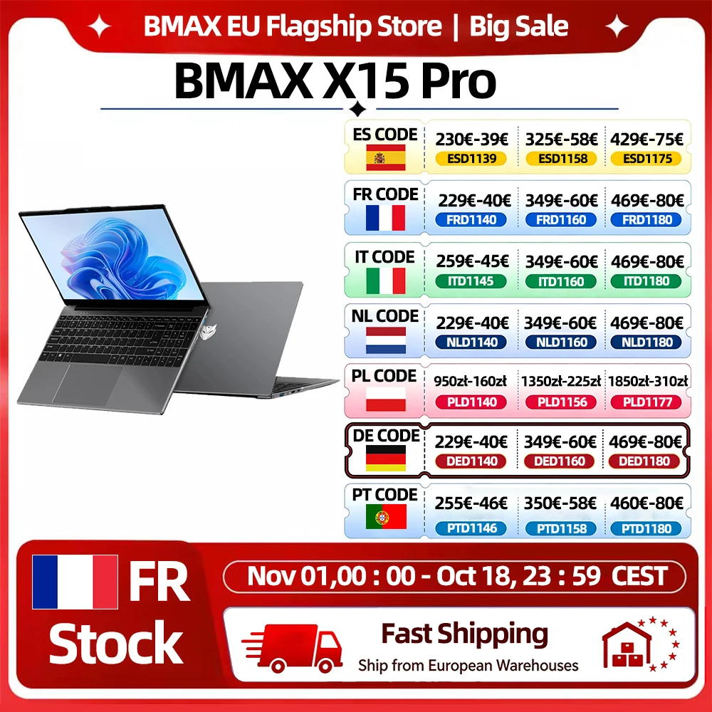 Ordinateur portable Bmax X15 Pro 15,6 pouces, 12 Go de RAM, 512 Go de SSD, processeur Intel de 12e génération N95, Windows 11, 1920*1080, HDMI, Wifi, 