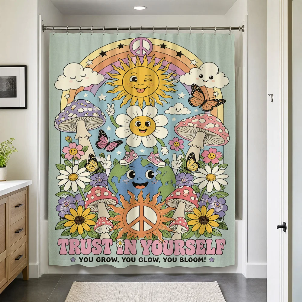 Boho Floral Rainbow Shower Curtain Waterproof Bathroom Decor Aesthetic Cottagecore Psychedelic Inspirational Sun Goddess Print